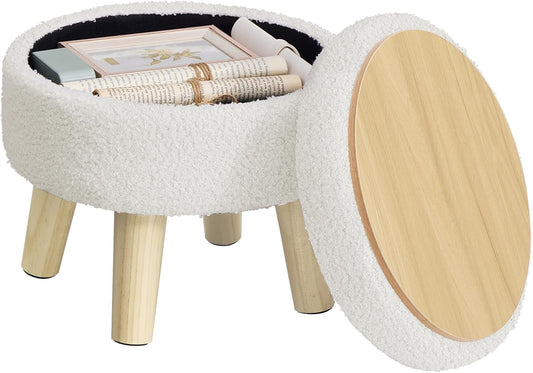 Storage Ottoman, Foot Stool, round Ottoman with Padded Seat, Foot Rest with Wood Legs, Small Table, for Hallway, Living Room, 12.2 Inches, Teddy Fleece, White ULOM515WD01