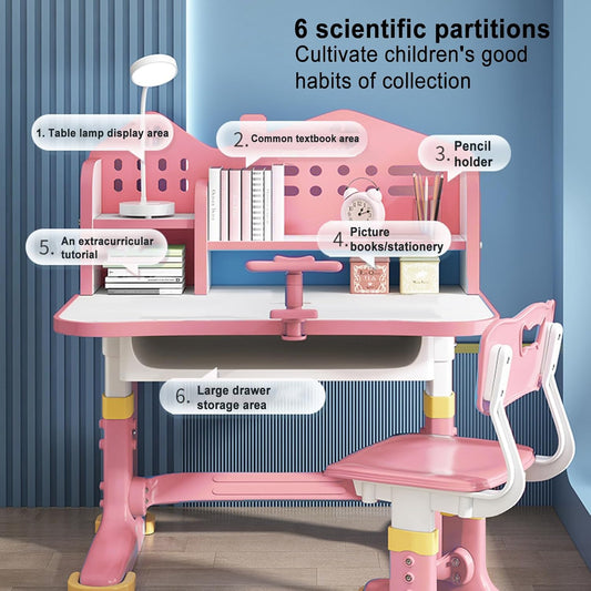 Kids Adjustable Study Desk & Chair Set W/Storage,Drawers,Bookshelf,Child Toddler Writing Homework Table,Little Girl Work Computer Desk,Princess Preschool Desk,Escritorio Mesas Para Niña (Pink A)