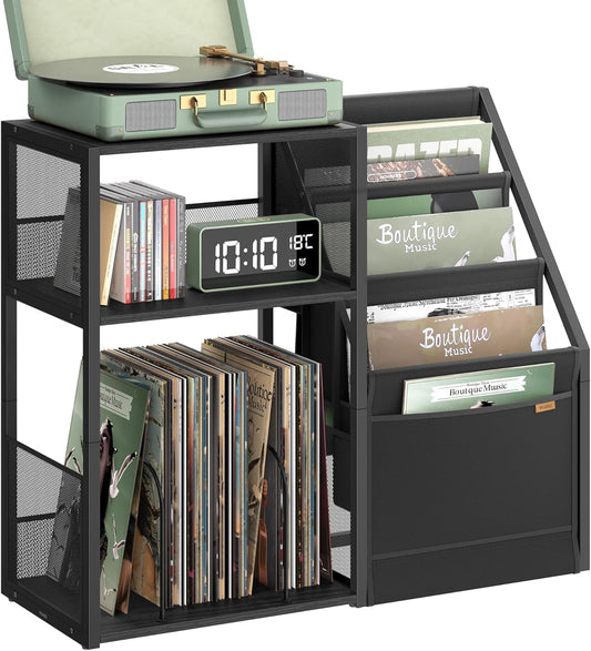 Record Player Stand, 3-Tier Side Table, Vinyl Record Storage up to 140 Albums, End Table for Living Room, Bedroom, Ebony Black ULET276B01