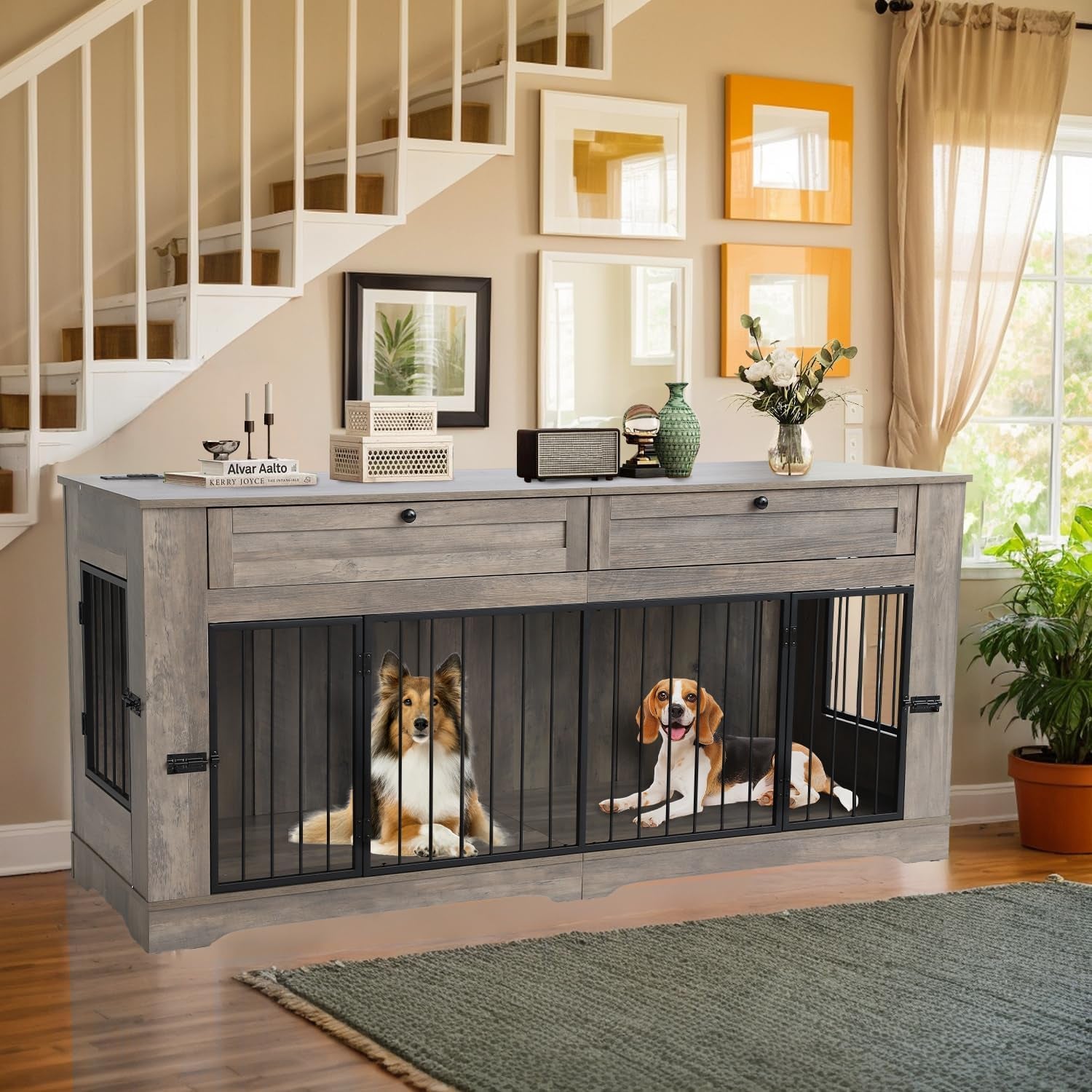 Dog Crate Furniture, Heavy Duty Dog Kennel Furniture for Medium Dogs, Wooden Double Dog Kennel Furniture with 2 Storage Drawers, Tv Stand Dog Cage with Power Outlet (Grey, 71”)