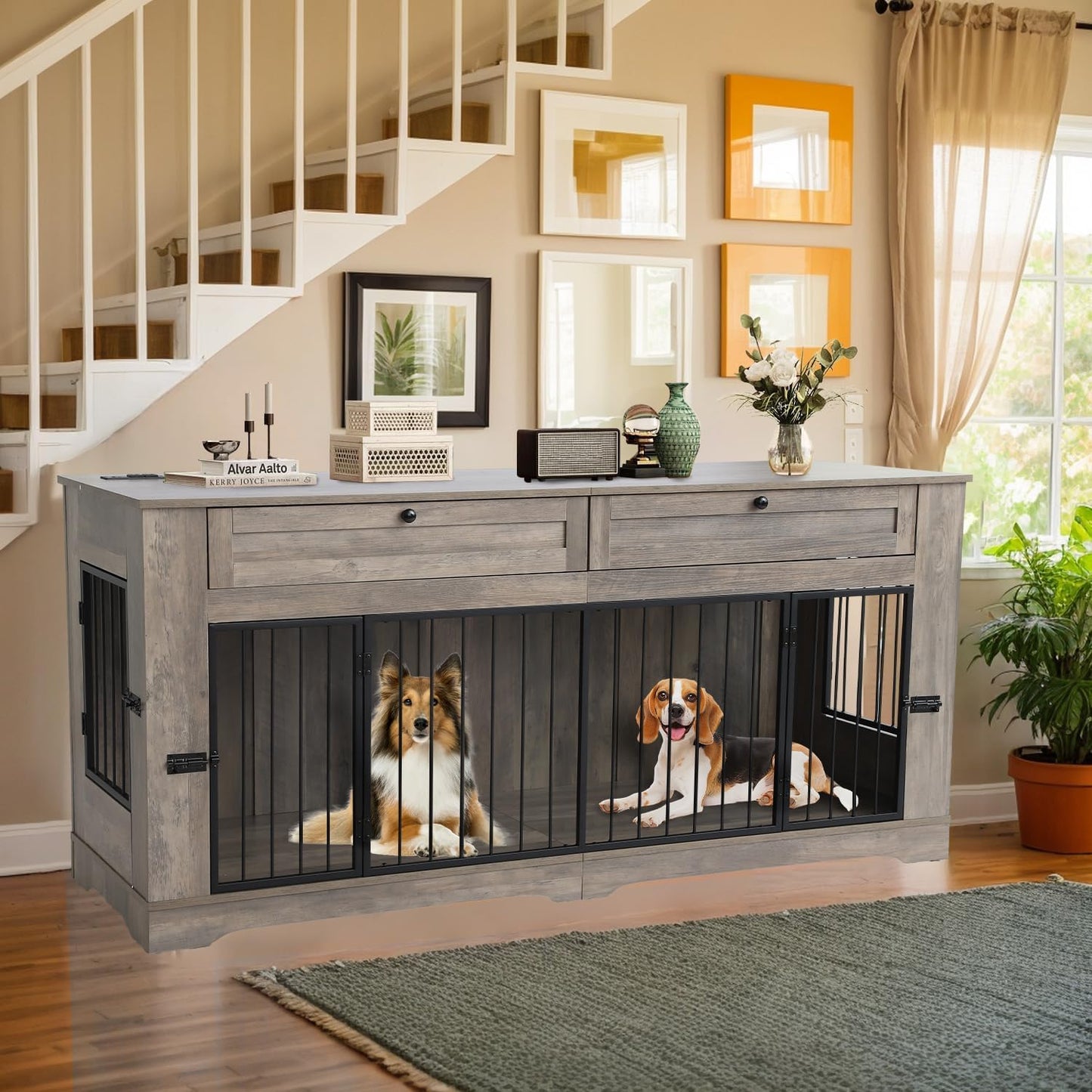 Dog Crate Furniture, Heavy Duty Dog Kennel Furniture for Medium Dogs, Wooden Double Dog Kennel Furniture with 2 Storage Drawers, Tv Stand Dog Cage with Power Outlet (White, 71”)