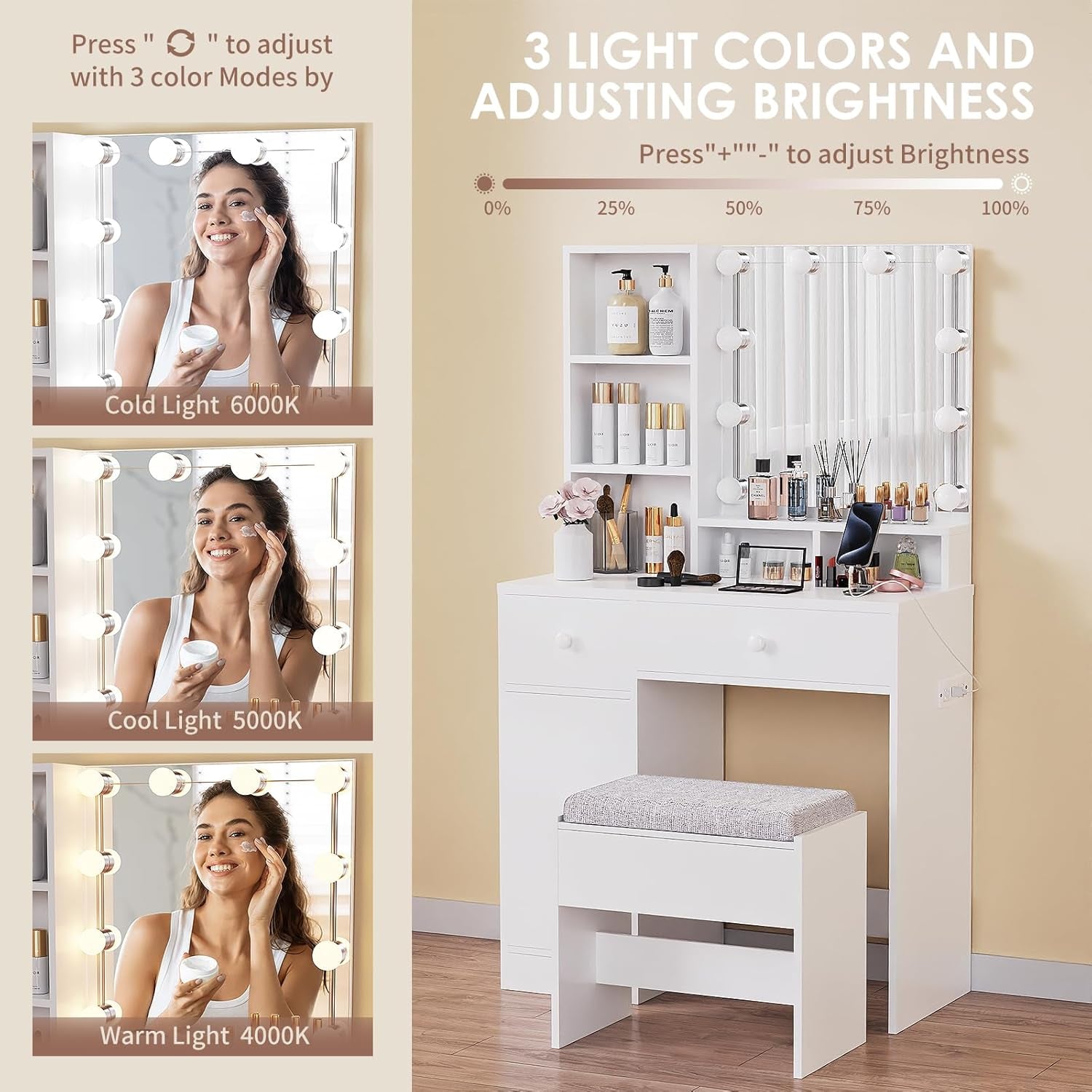 Vanity Desk with Mirror and Lights & Power Outlet, 31.5" Small Makeup Vanity Table with 4 Drawers and Stool for Bedroom, White