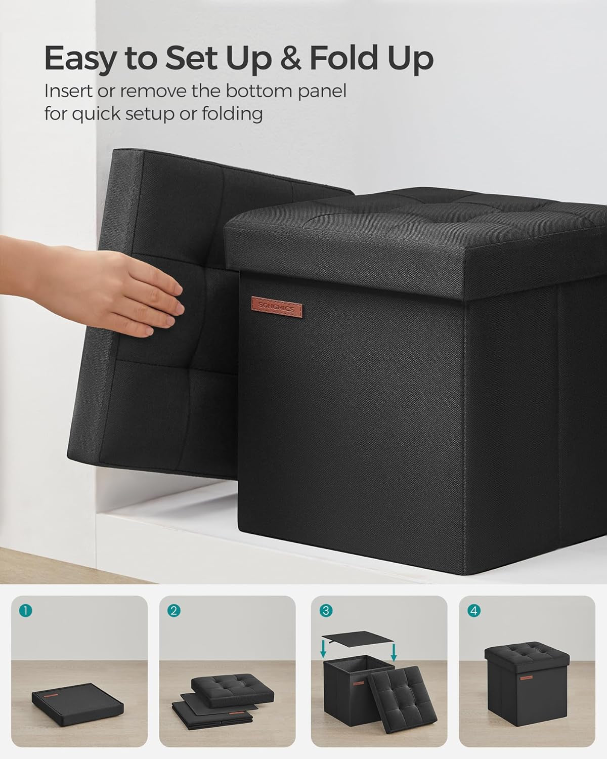 Storage Ottoman, Foldable Small Ottoman Foot Rest, 11.8 Inches Foot Stool, Cube Ottoman with Storage, Load up to 286 Lb, for Living Room, Bedroom, Dorm, Ink Black ULSF028B01