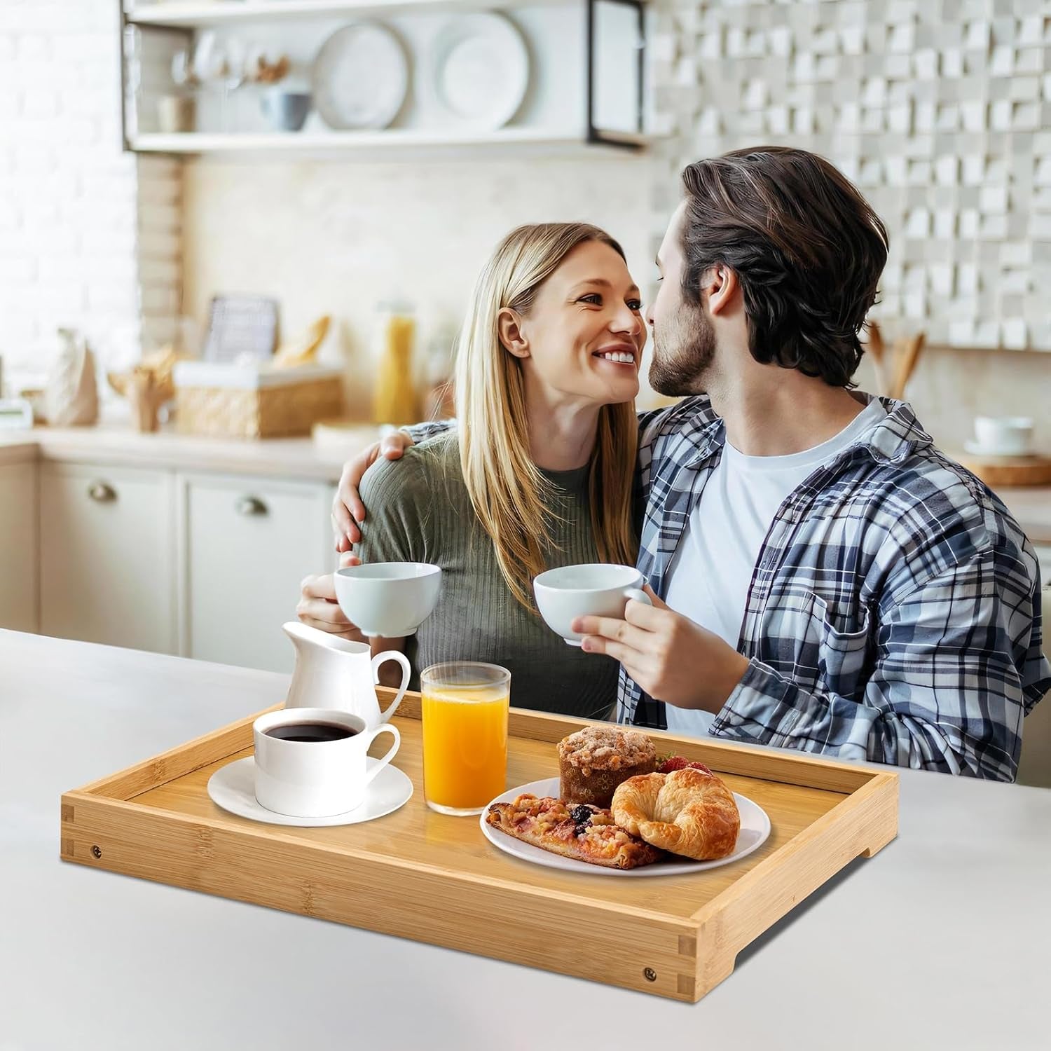 Bamboo Bed Tray Table with Foldable Legs, Breakfast Tray, Laptop Desk for Bed or Sofa,Serving,Tv Table Kitchen, Eating,Working, Reading (Beige)