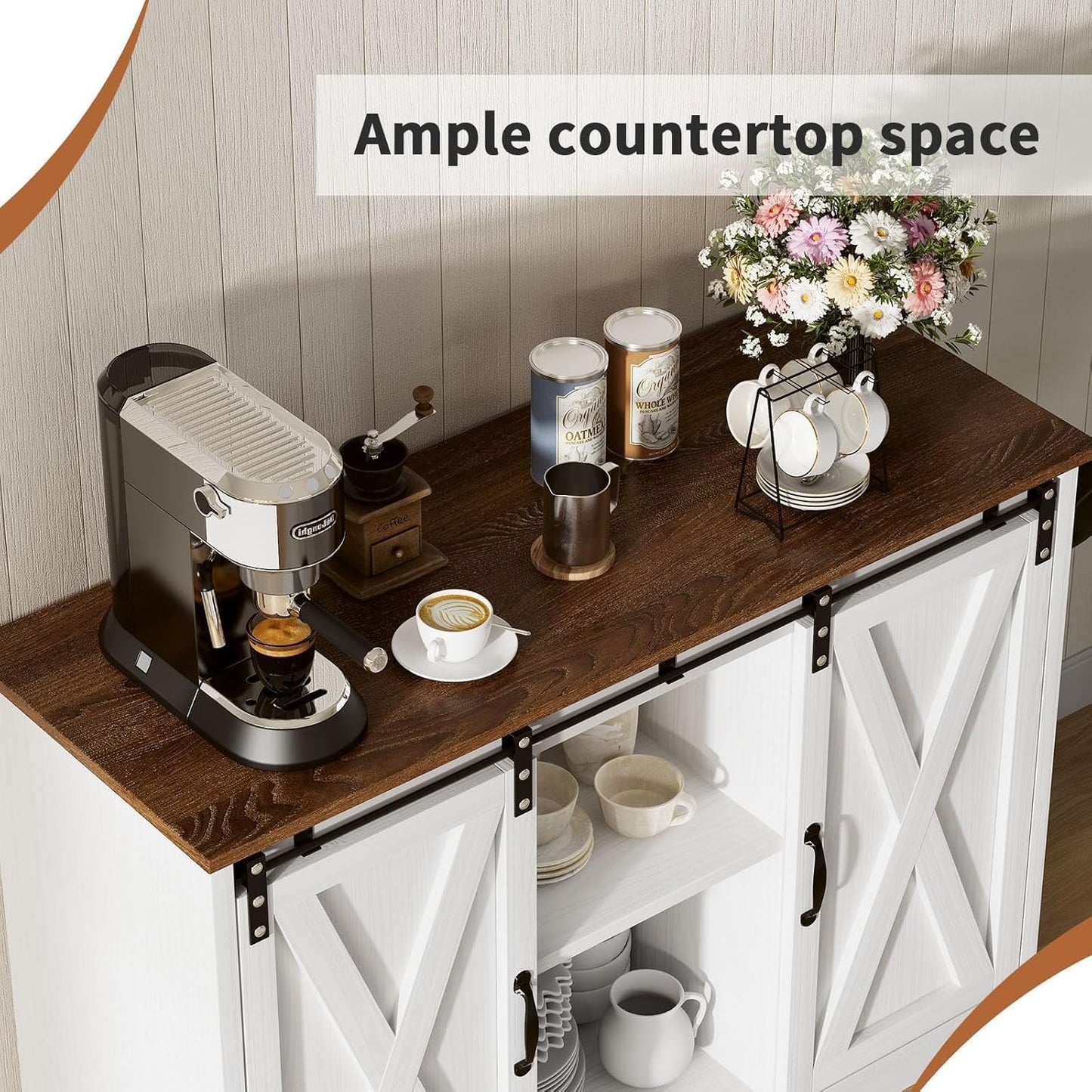 Coffee Bar Cabinet with Sliding Barn Doors, 42”Farmhouse Buffet Cabinet with Storage for Kitchen, Coffee Bar with Adjustable Shelf for Dining Room, White