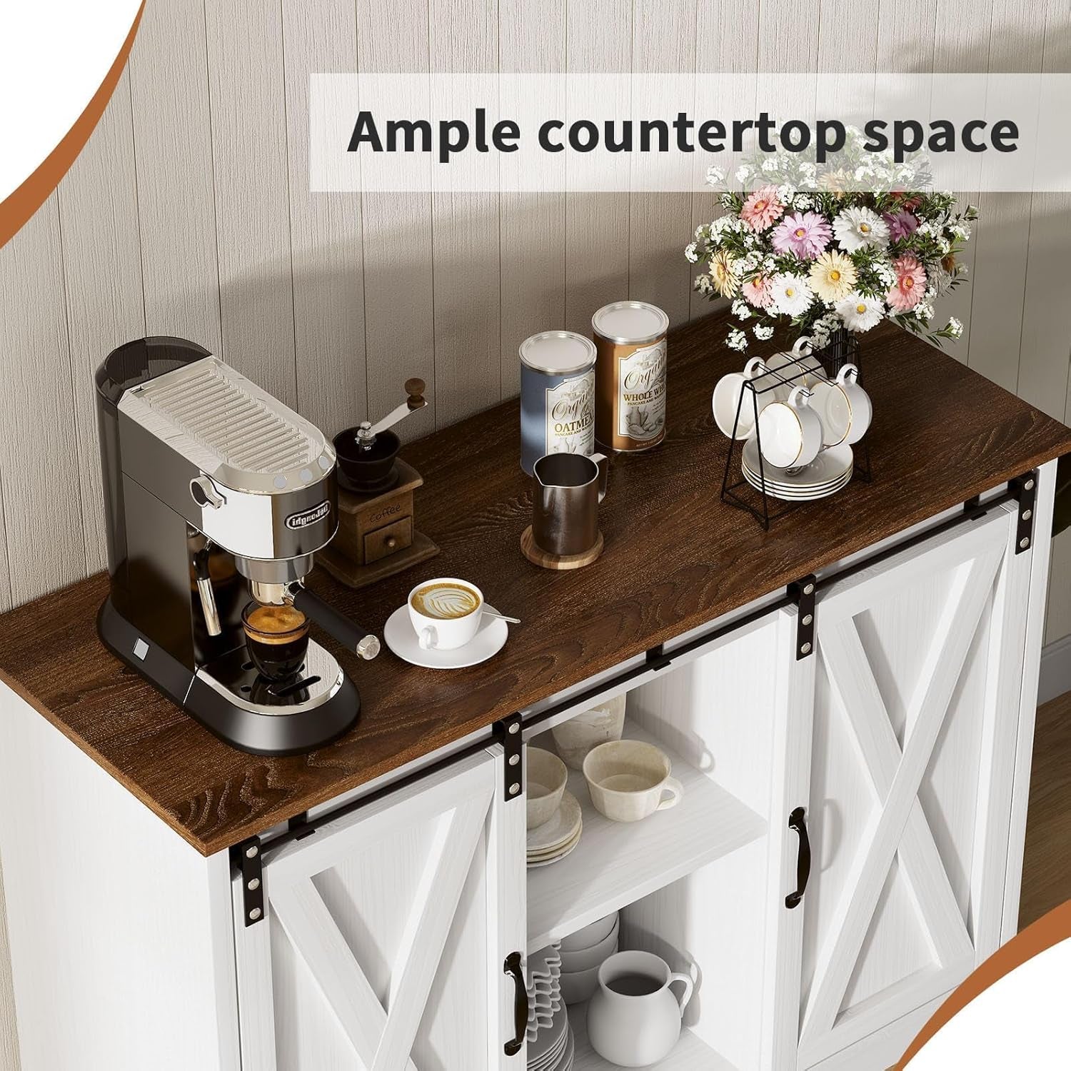 Coffee Bar Cabinet with Sliding Barn Doors, 42”Farmhouse Buffet Cabinet with Storage for Kitchen, Coffee Bar with Adjustable Shelf for Dining Room, White