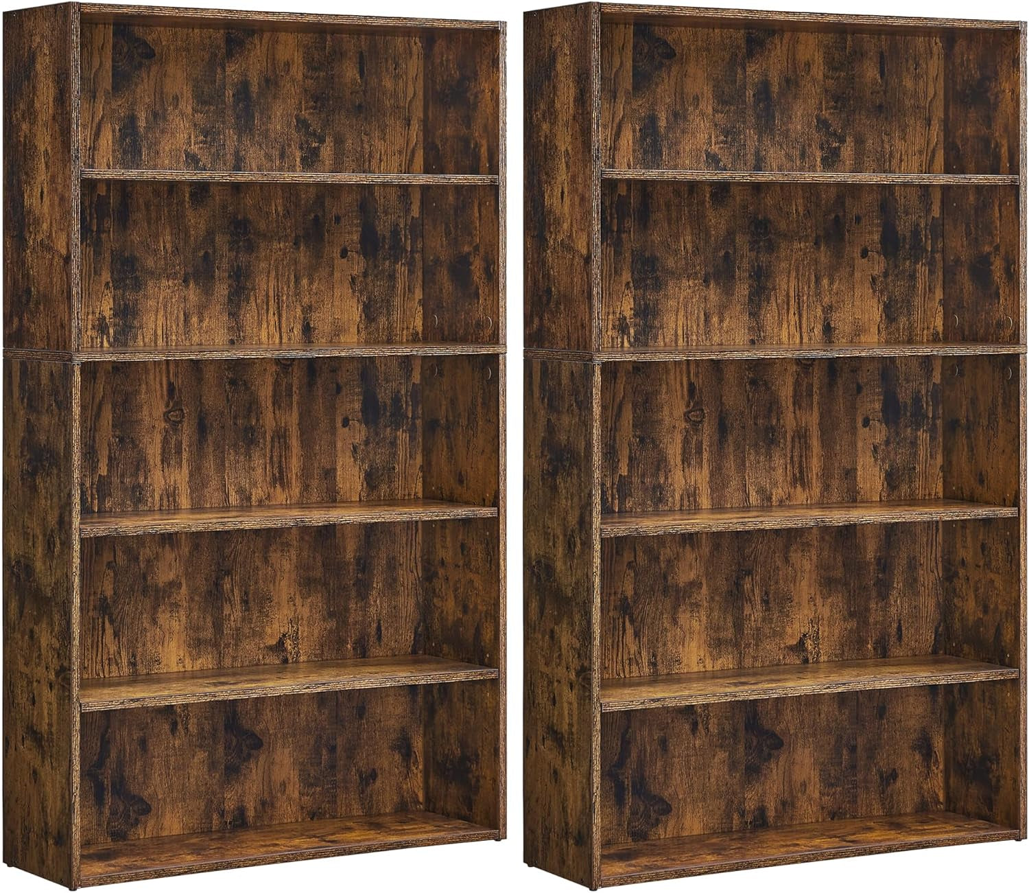 Set of 2 Bookshelves, 30 Inches Wide, 5-Tier Open Bookcases with Adjustable Storage Shelves, Floor Standing Units, Rustic Brown ULBC175X01-2