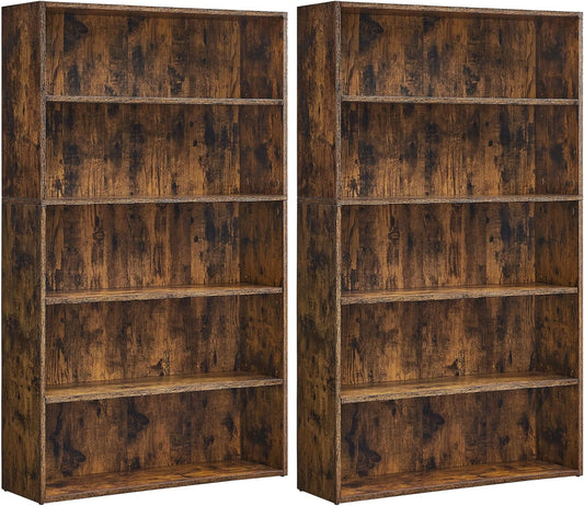 Set of 2 Bookshelves, 30 Inches Wide, 5-Tier Open Bookcases with Adjustable Storage Shelves, Floor Standing Units, Rustic Brown ULBC175X01-2