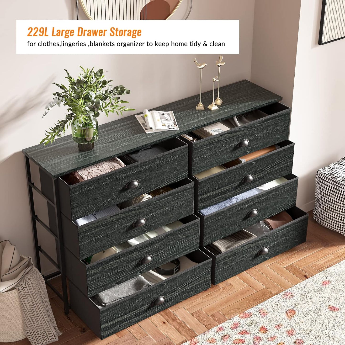 Wide Dresser with 8 Fabric Drawers, TV Entertainment Center with Storage for 55'' TV, Large Chest of Drawers for Bedroom, Living Room, Dorm, Closet, Entryway, Wood Top (Black Oak)