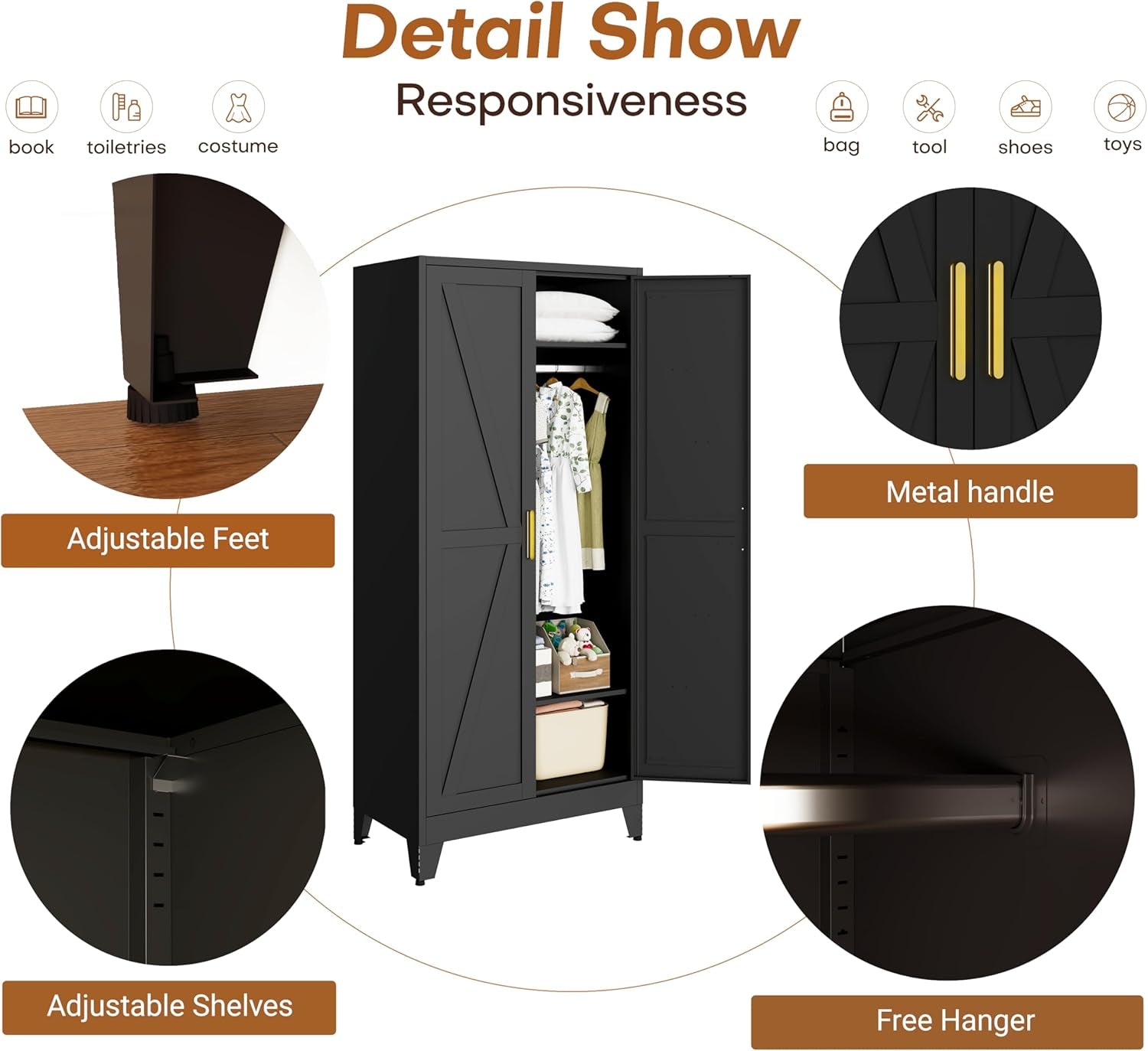 Metal Armoire Wardrobe Closet with Doors and Shelves, 71" Tall Metal Wardrobe Closet with Hanger Rod and Clothing Shelf, Black Farmhouse Bedroom Armoire Steel Storage Cabinet for Bedroom