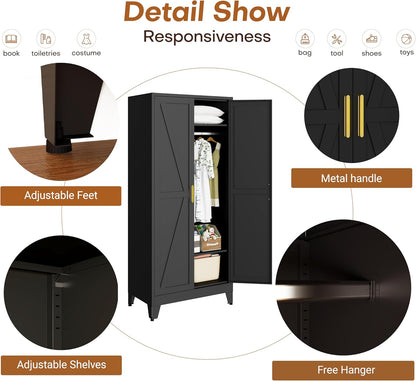 Metal Armoire Wardrobe Closet with Doors and Shelves, 71" Tall Metal Wardrobe Closet with Hanger Rod and Clothing Shelf, Black Farmhouse Bedroom Armoire Steel Storage Cabinet for Bedroom