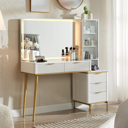 Fluted Makeup Vanity Desk with 36" HD Lighted Mirror, 48" Big Modern Vanity Desk with Mirror and Lights, Dressing Table with 5 Drawers & Shelves, Glass Top for Bedroom (Off White)