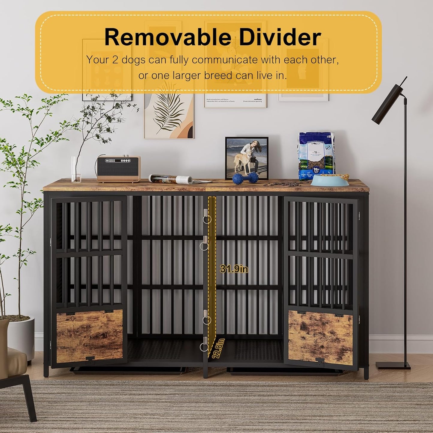 Large Dog Crate Furniture, 63 Inch Heavy Duty Double Dog Crate with Removable Divider, Extra Large Dog Kennel Furniture TV Stand Withtrays for 2 Large Dogs