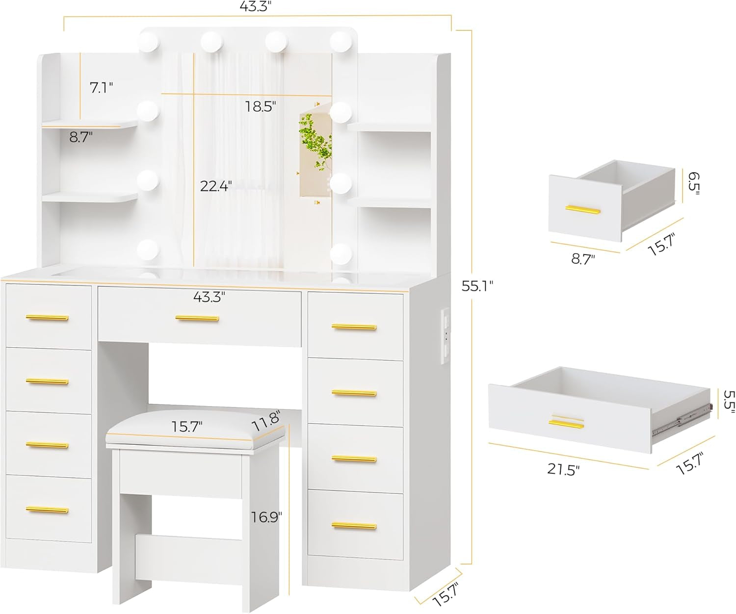 Makeup Vanity Desk with Mirror and Lights White Vanity Table with Glass Top Power Outlet Stool,Makeup Desk with 9 Drawers and 4 Storage Shelves,Dressing Table for Bedroom Women FST39W