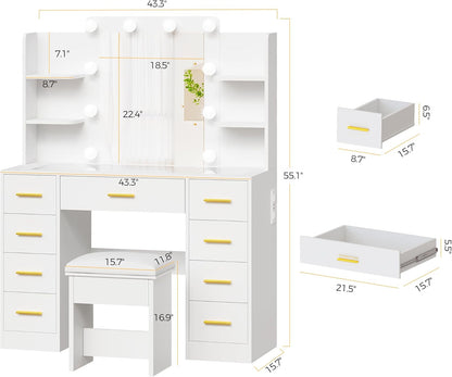 Makeup Vanity Desk with Mirror and Lights White Vanity Table with Glass Top Power Outlet Stool,Makeup Desk with 9 Drawers and 4 Storage Shelves,Dressing Table for Bedroom Women FST39W