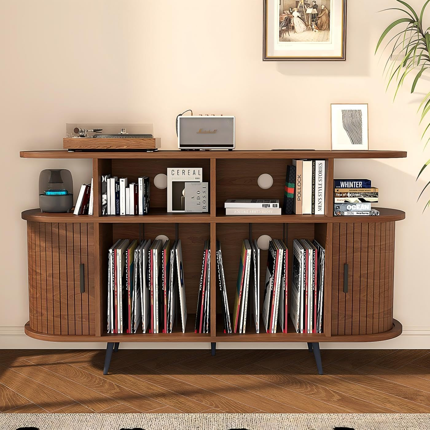 Solid Wood Large Circular Record Player Stand, Vinyl Record Storage Cabinet, Record Player Stand with Power Strip and USB Port, Suitable for Bedroom and Living Room (Walnut, Large)