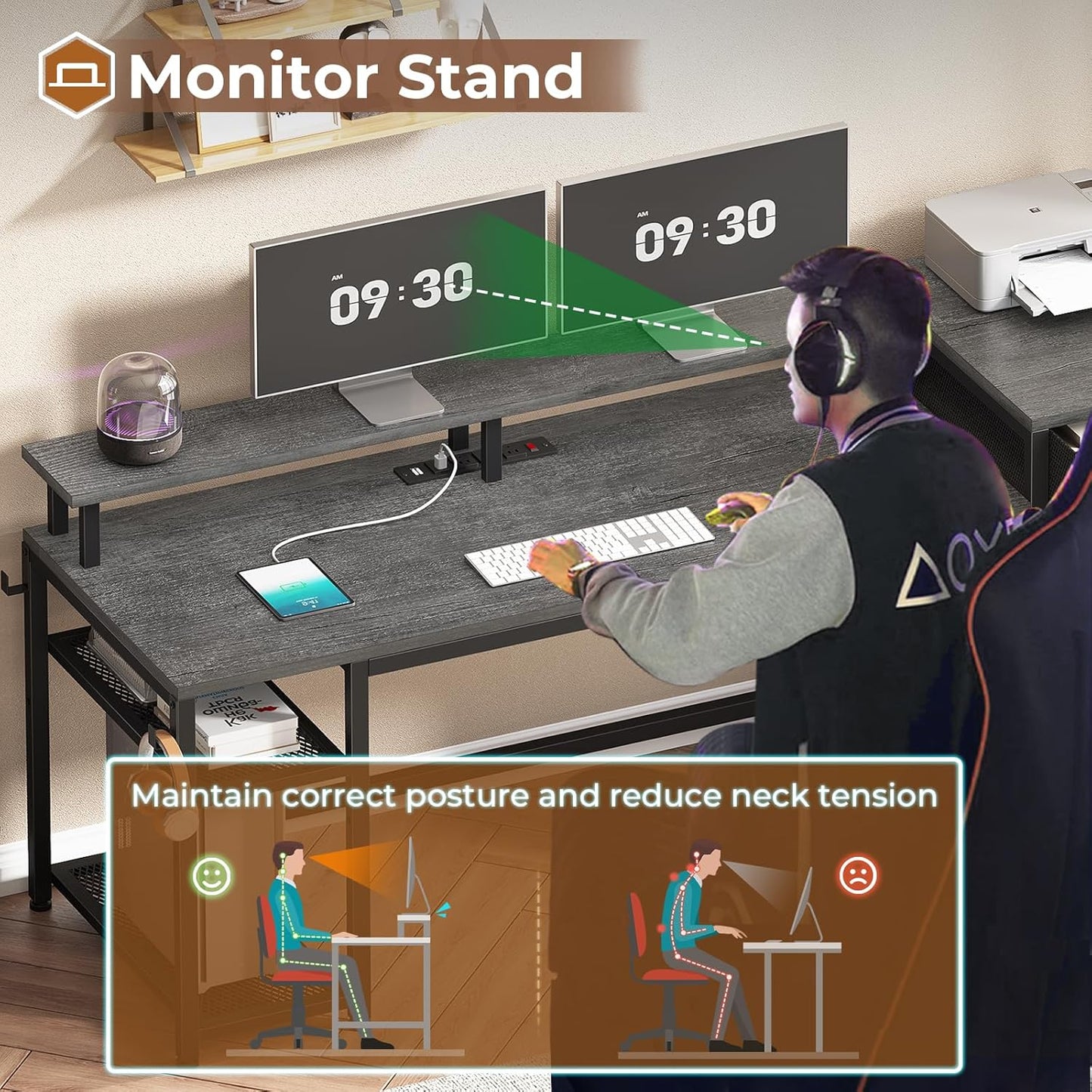 59" Office Desk with File Drawers, Reversible Computer Gaming Desk with Storage, LED Lights & Power Outlet, Home Office Desks for Printer, Grey