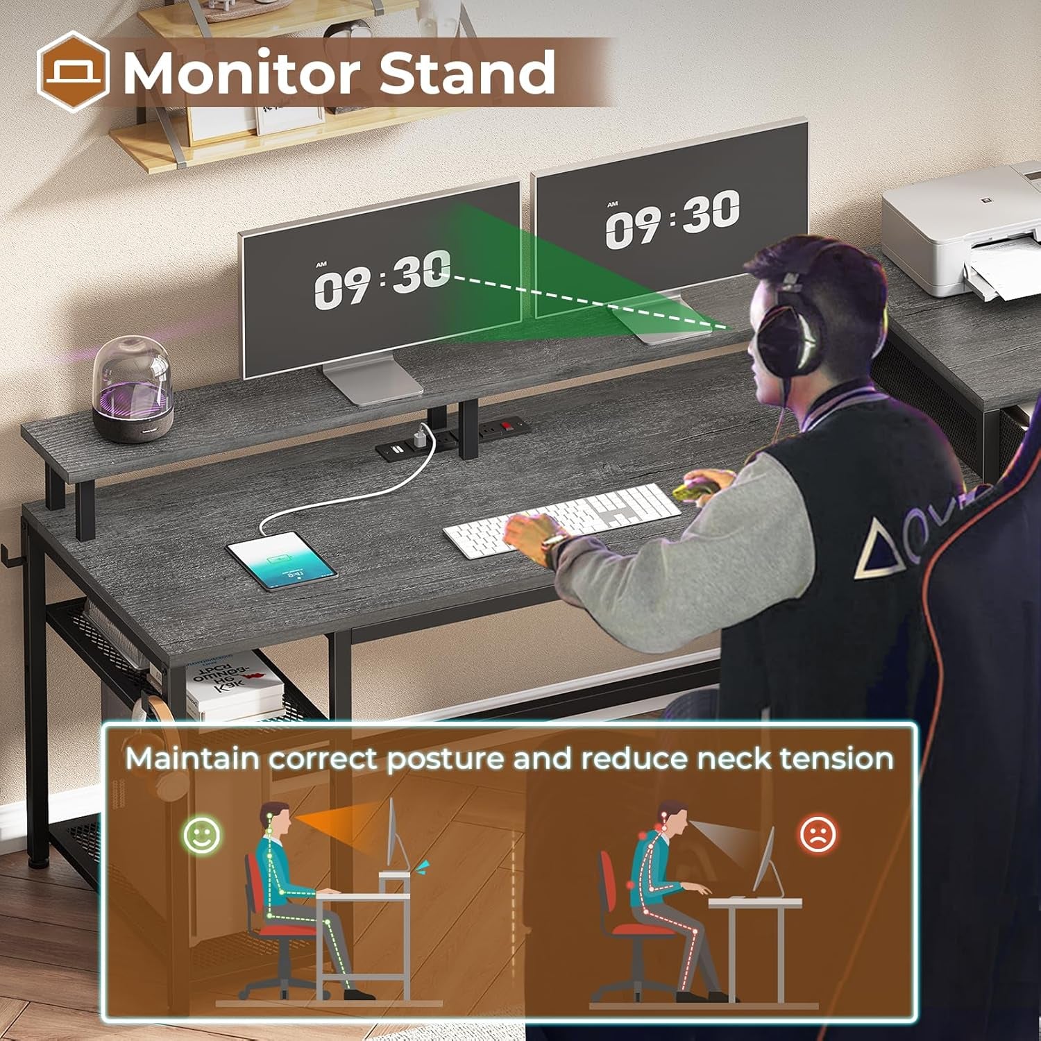 59" Office Desk with File Drawers, Reversible Computer Gaming Desk with Storage, LED Lights & Power Outlet, Home Office Desks for Printer, Grey