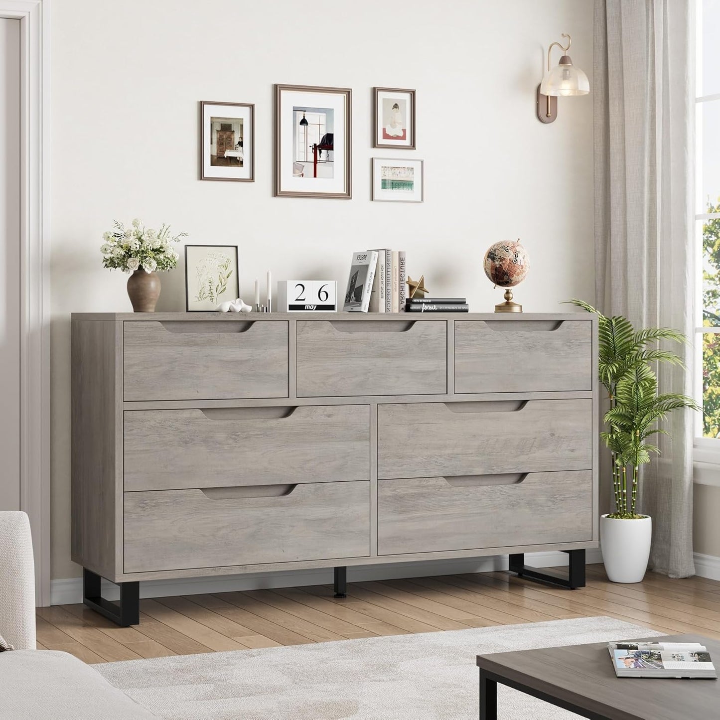 7 Dresser for Bedroom, 55" Wide Dresser, Freestanding Horizontal Drawer with Storage, Wooden Closet Chest Storage for Living Room, Hallway, Entryway, Ash Grey