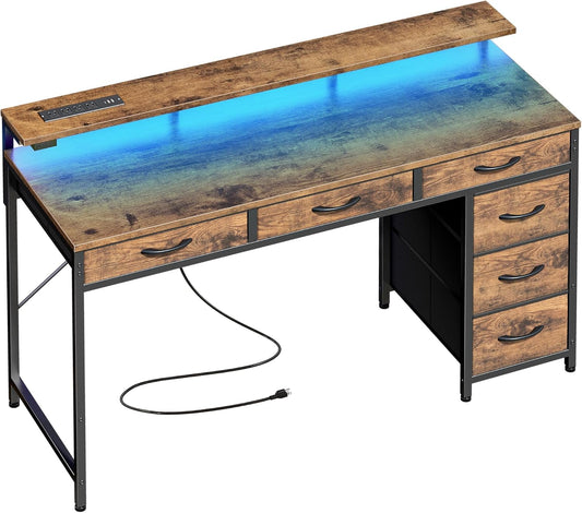 Gaming Desk with 6 Drawers, Computer Desk with LED Lights Power Outlets and Type-C, 47 Inch Office Desk with Storage, Monitor Stand, Writing Desk Work Desk for Home Office, Study, Rustic Brown