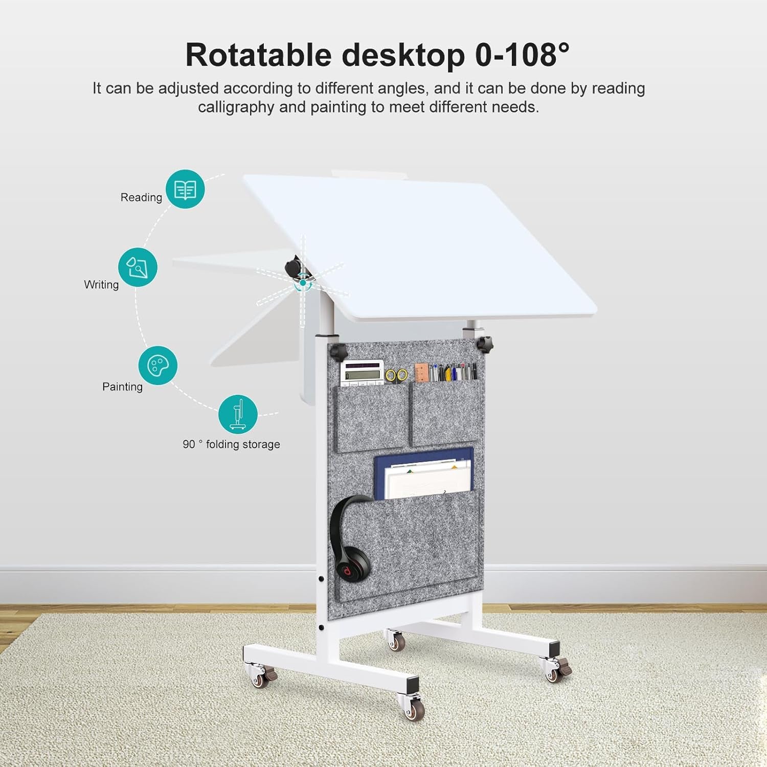 Adjustable Height Standing Desk, Writable Tempered Glass Desktop with Eraser, 360° Flip, Wheels and Bag– Ideal for Small Spaces and Home Offices, 24 In, White(Adjustable Height: 32-47 In)
