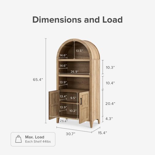 Lauren 65.4" Short Arched Cabinet, the Original 5-Tier Bookcase with Doors and Shelves, Mini Arch Bookshelf with Storage, Wooden Storage Cabinet for Living Room and Kitchen Pantry (Oak)