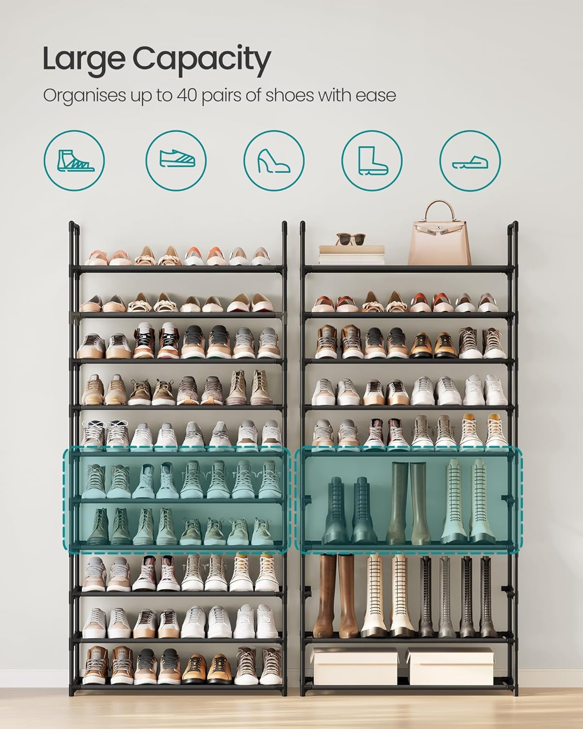 Shoe Rack, 10-Tier Shoe Shelf, Shoe Storage Organizer, 11 X 32.7 X 68 Inches, Metal Frame, Non-Woven Fabric Shelves, for Entryway, Bedroom, Black ULSH110BH01