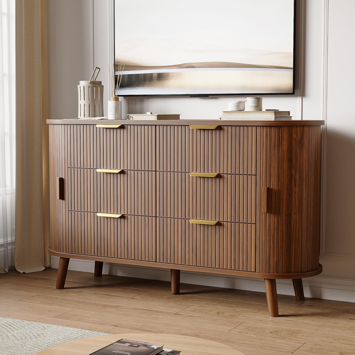 Fluted 6 Drawers Dresser, 55'' Wide Mid Century Modern Chest of Drawers with Sliding Door & Metal Handles, Curved Profile & Sturdy Legs, Wood TV Stand for Bedroom, Living Room (Walnut)