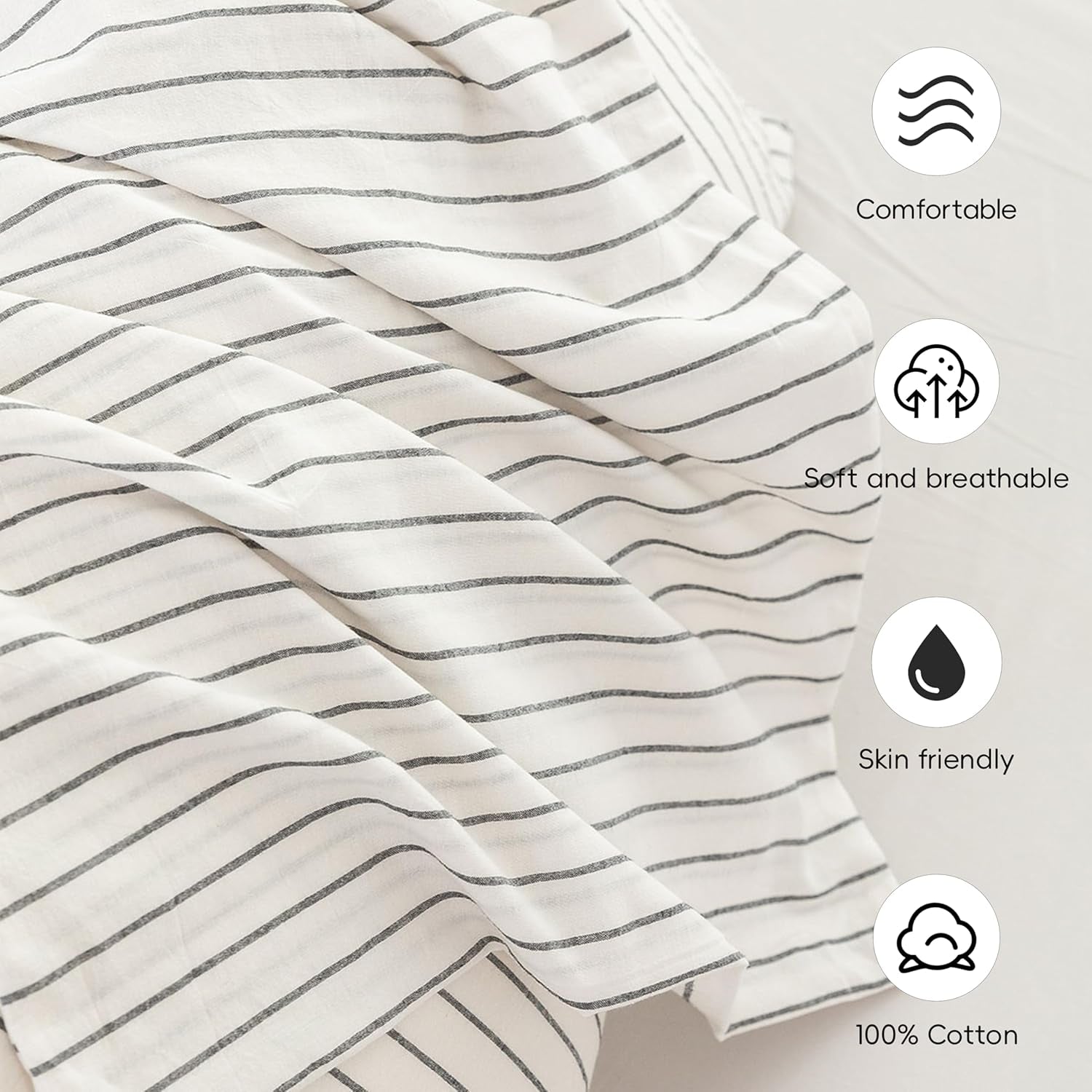 Bedding Pillowcases Striped Pack of 2 100% Washed Cotton Linen like Textured Breathable Durable Soft Comfy (White Dark Grey Wide Stripes, King)