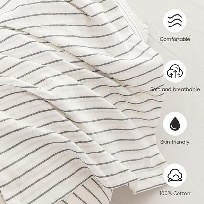 Bedding Pillowcases Striped Pack of 2 100% Washed Cotton Linen like Textured Breathable Durable Soft Comfy (White Dark Grey Wide Stripes, King)