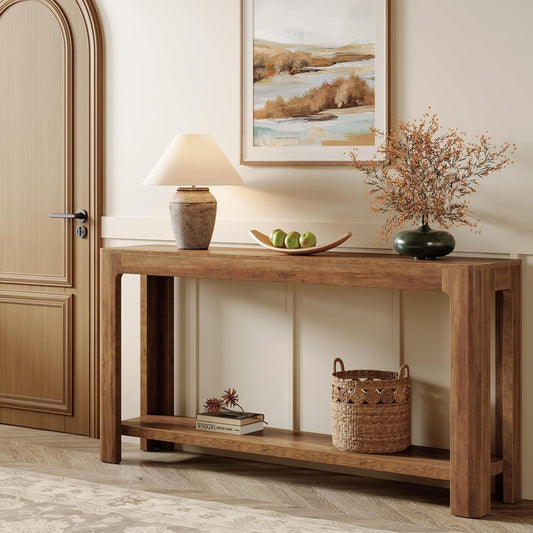 63 Inch Entryway Console Table, 2-Tier Farmhouse Narrow Sofa Table behind Couch, Accent Entrance Console Furniture for Entryway, Foyer, Hallway, Rustic Brown
