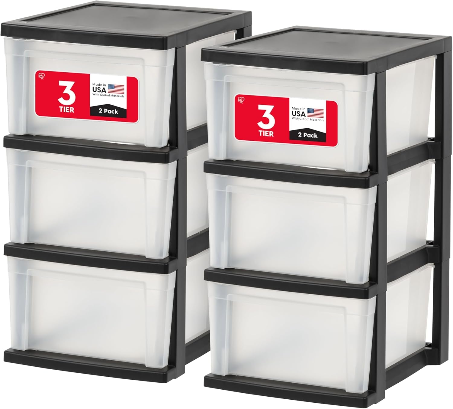 3-Drawer Plastic Storage Dresser, 2-Pack, Standing Organizer Storage Container Bin with Drawers for Clothes Crafts Classroom Bedroom Dorm, Black/Clear
