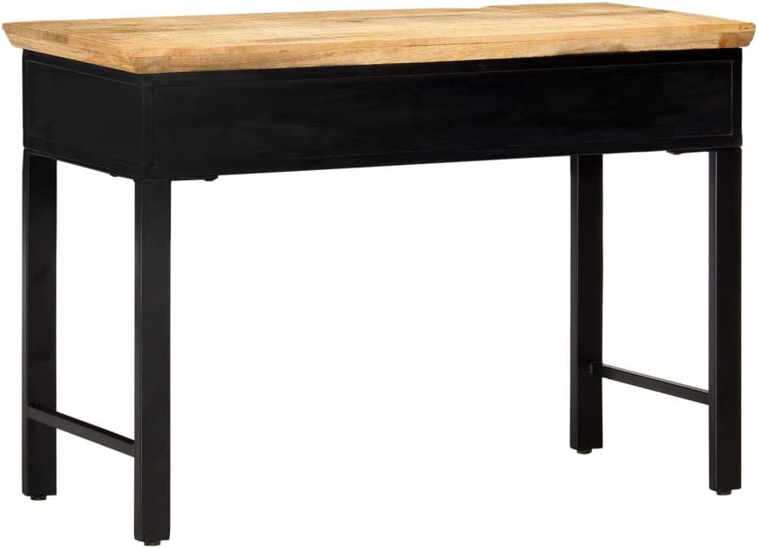 Writing Table Natural and Black Solid Mango Wood, Engineered Wood, 43.3 X 19.7 Inch Computer Desk with 2 Drawers, Home Office Desk