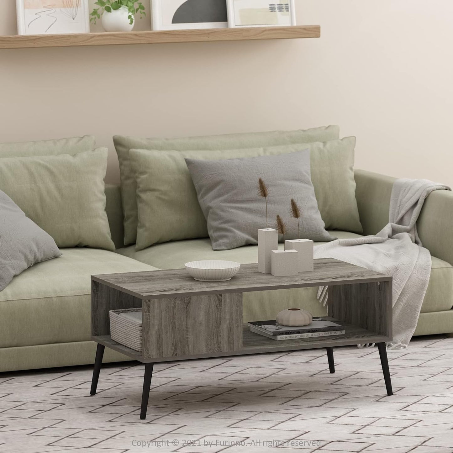 Claude Mid Century Style Coffee Table with Wood Legs, French Oak Grey Large Non-Lift Top