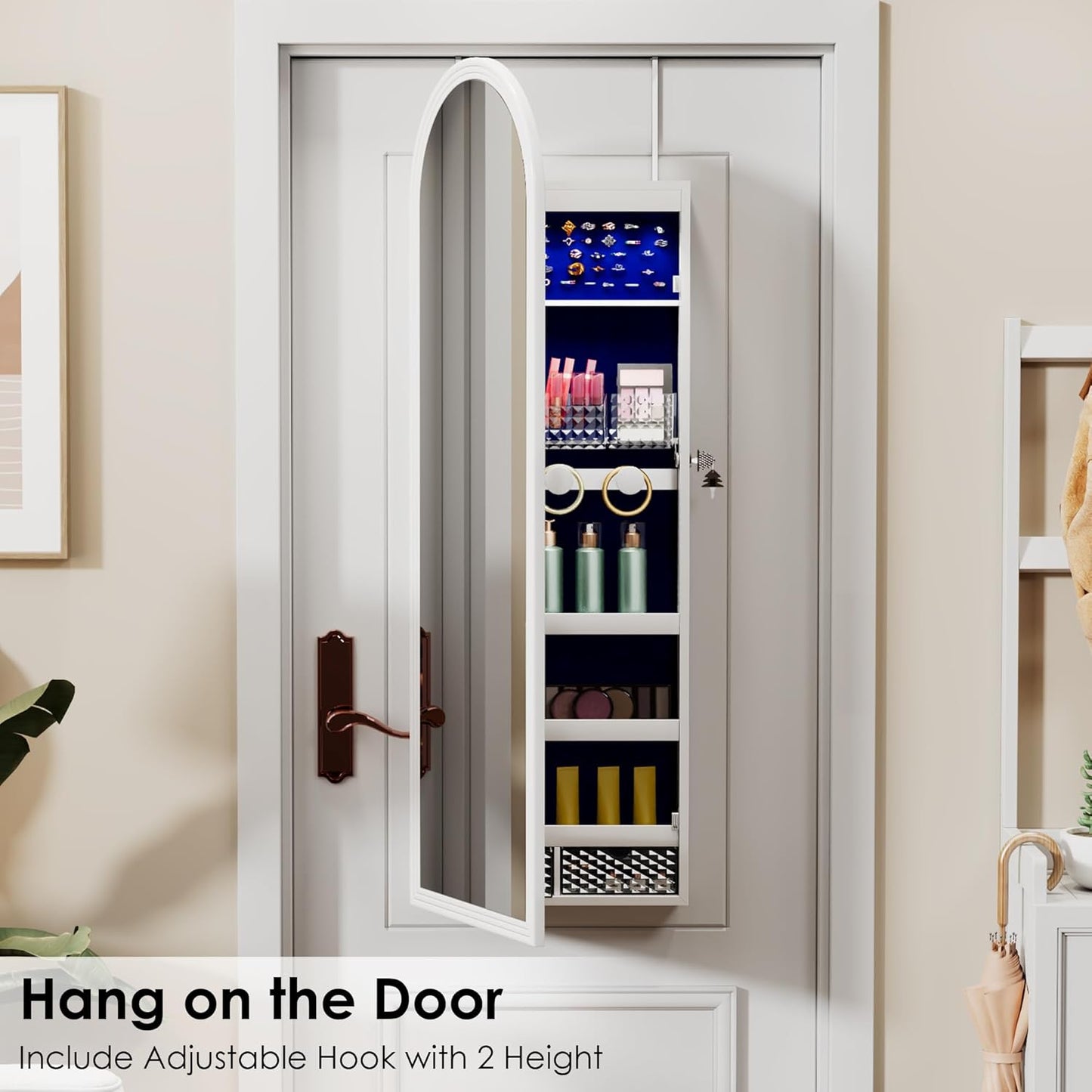 Tall Wall Mount Jewelry Armoire with Full-Length Mirror & 6 Leds - 47 in Lockable Arched Cabinet, 2 Drawers, Perfect for Christmas Gifts, Pure White