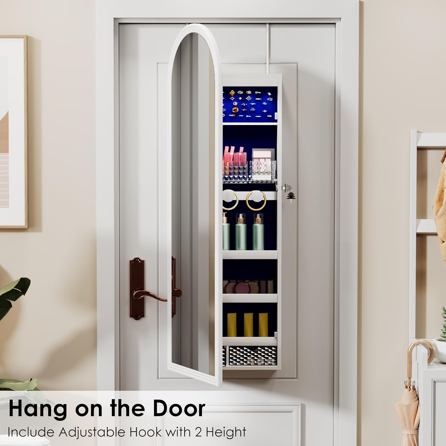 Tall Wall Mount Jewelry Armoire with Full-Length Mirror & 6 Leds - 47 in Lockable Arched Cabinet, 2 Drawers, Perfect for Christmas Gifts, Pure White