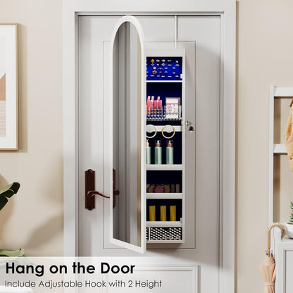 Tall Wall Mount Jewelry Armoire with Full-Length Mirror & 6 Leds - 47 in Lockable Arched Cabinet, 2 Drawers, Perfect for Christmas Gifts, Pure White
