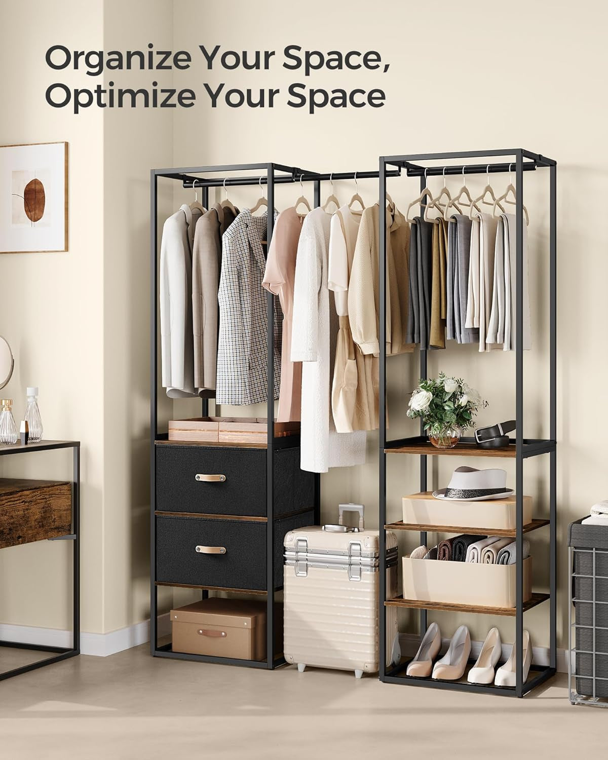 Clothes Rack, 70.9 Inch Wardrobe Freestanding Closet, Heavy Duty Garment Rack with 1 Extendable Hanging Rod, 2 Drawers and 4 Shelves, for Bedroom, Space-Saving, Rustic Brown URGR003B01