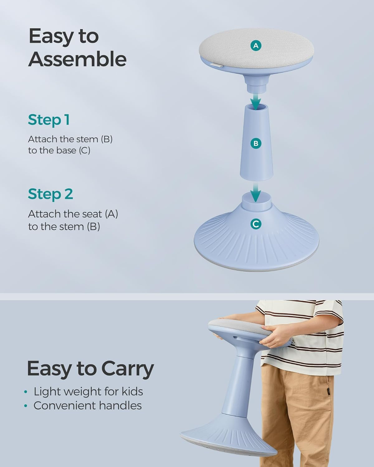 Kids Wobble Chair 6-12Y, Active Sitting Stool with Focus Support, 18.1" Height 154 Lb Capacity, Anti-Slip Base Tool-Free Assembly, Pale Blue and Dove Gray UOSC010Q01