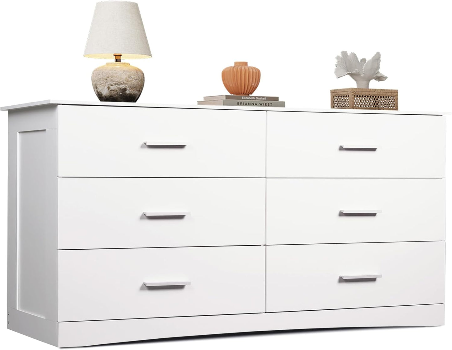 White Dresser with 6 Drawers, Wide Wood Chest of Drawers for Bedroom, Large White Storage Tower Unit, Modern Minimalist Closet Store Organizer for Living Room, Hallway