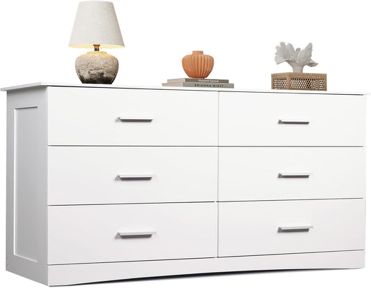 White Dresser with 6 Drawers, Wide Wood Chest of Drawers for Bedroom, Large White Storage Tower Unit, Modern Minimalist Closet Store Organizer for Living Room, Hallway