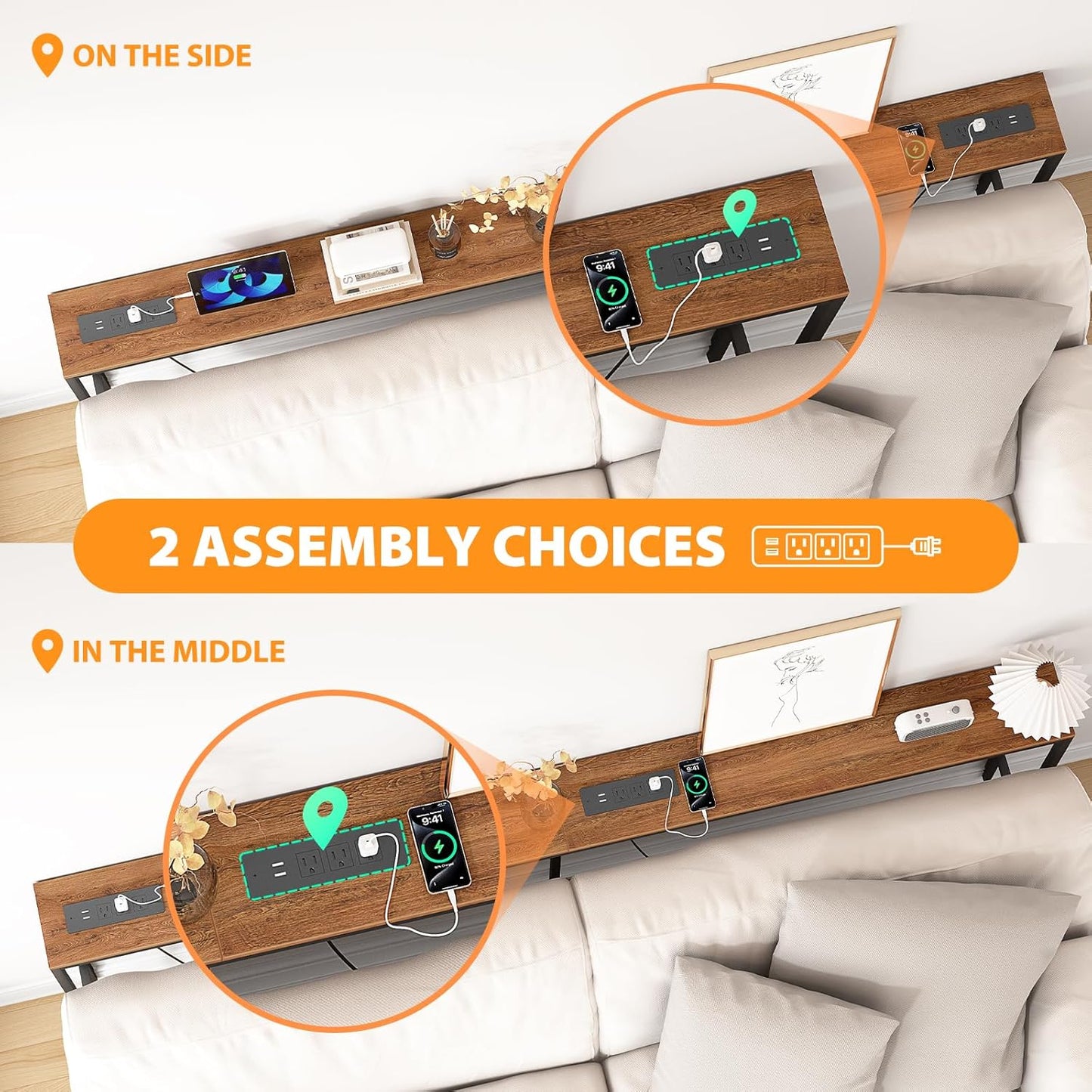 80.7'' Narrow Sofa Table with 2 Power Outlets (6 AC Outlets & 4 USB Ports), Thin Console Tables Narrow Long, behind Couch Table Skinny for Entryway, Living Room, Hallway, Foyer, Rustic Brown