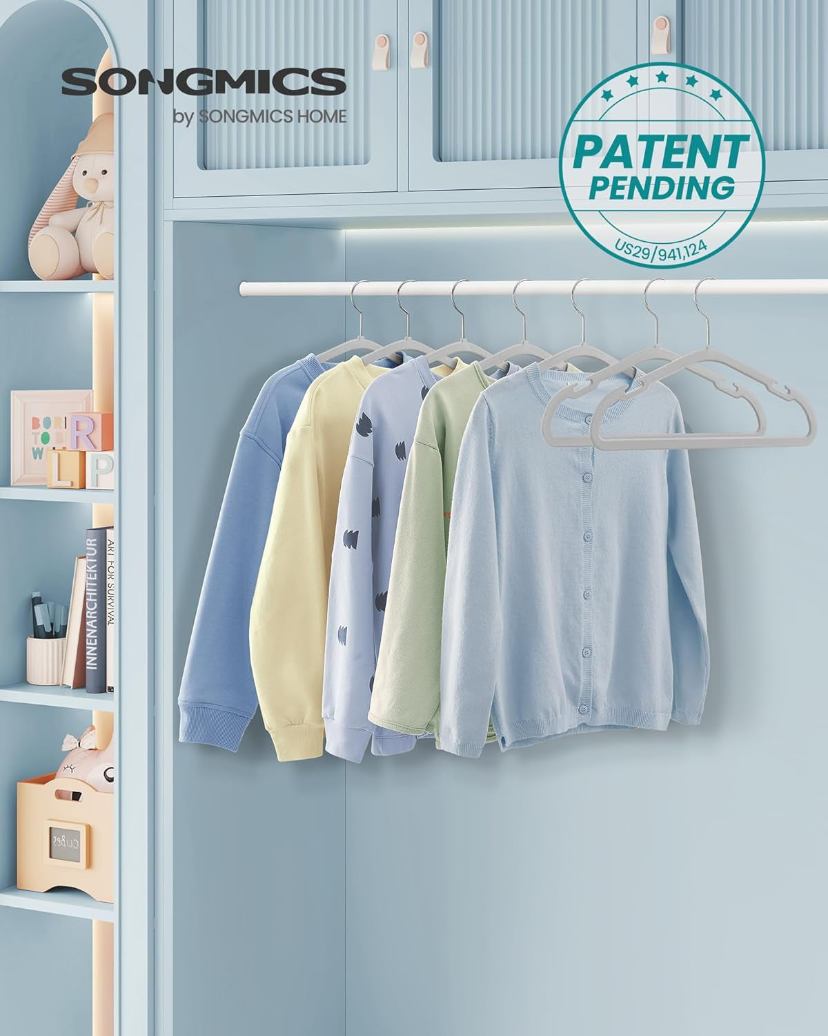 Kids Hangers 50 Pack, 14 X 8 Inches, Non-Slip Velvet Baby Hangers for Closet, Space-Saving, Wide Shoulder Notches, Dove Gray UCRF038G01