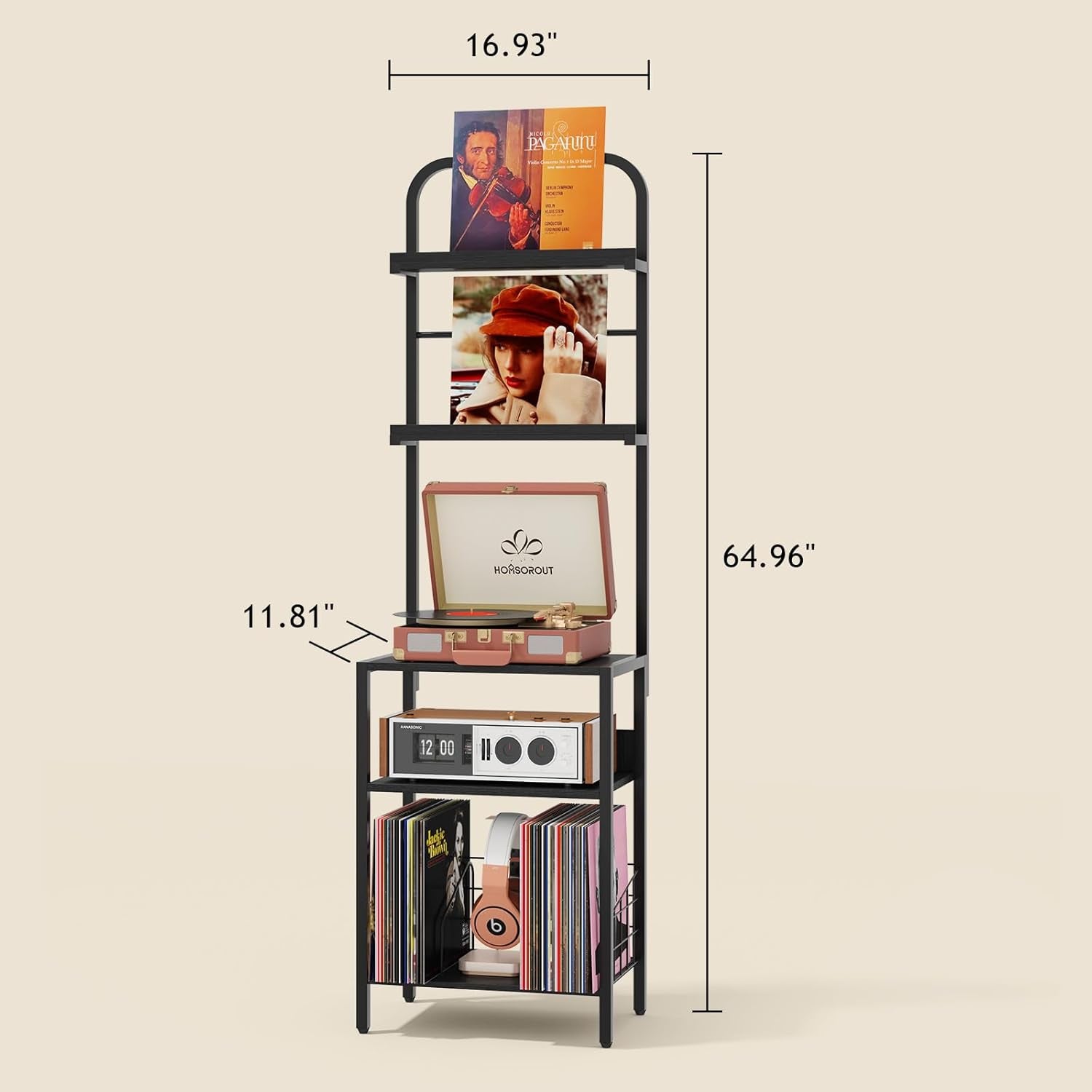 Record Player Stand with Vinyl Storage - 5-Tier Turntable Table with Adjustable Feet, Metal & Wood Cabinet - Console Organizer Display Shelf for Living Room, Apartment