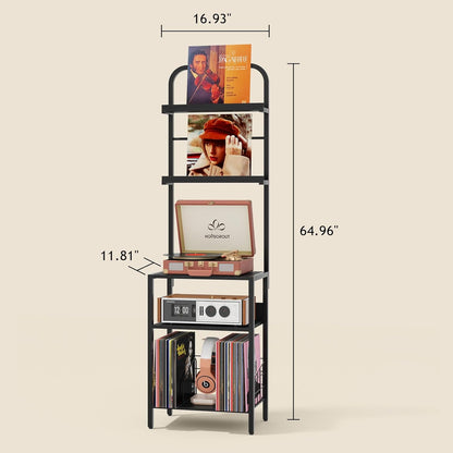Record Player Stand with Vinyl Storage - 5-Tier Turntable Table with Adjustable Feet, Metal & Wood Cabinet - Console Organizer Display Shelf for Living Room, Apartment