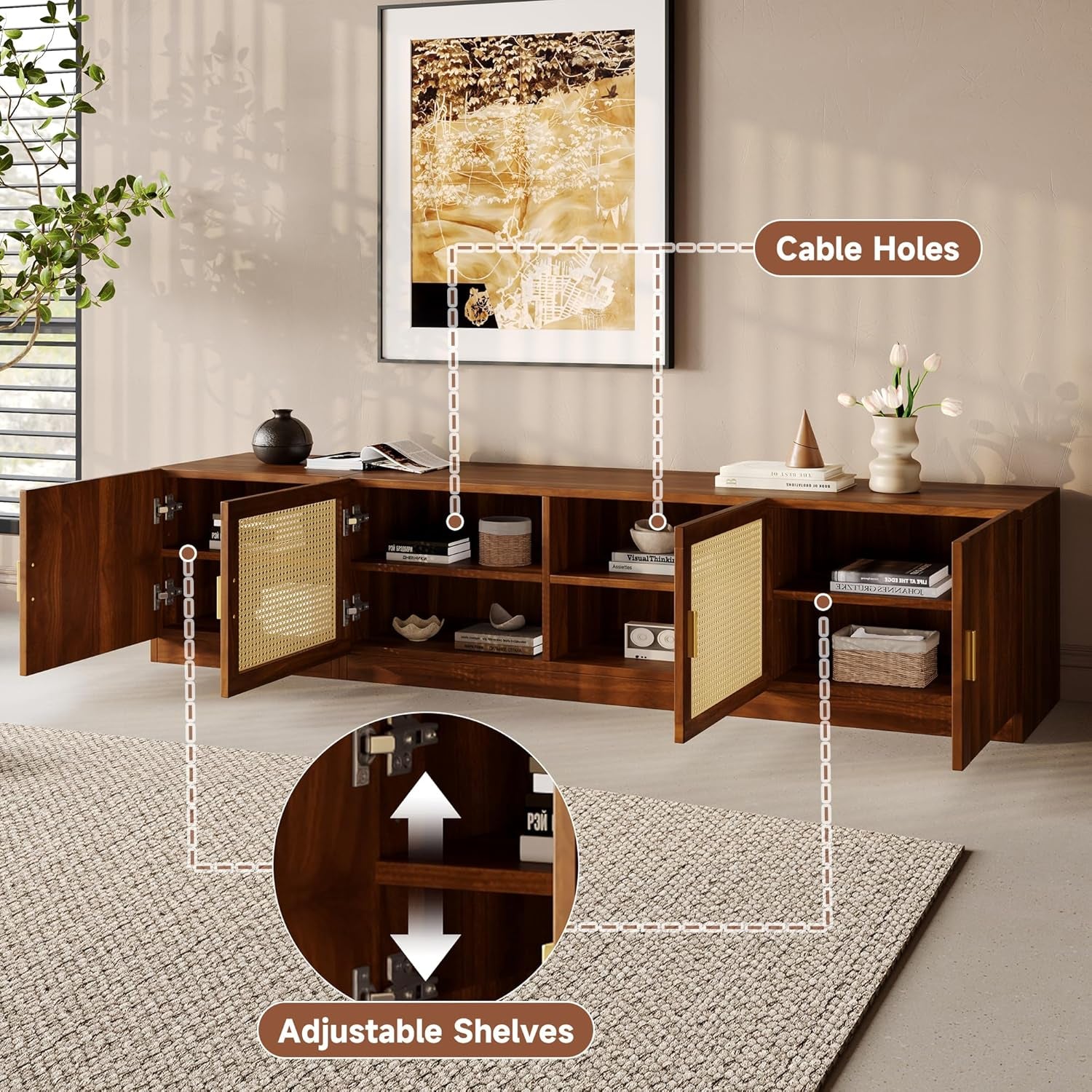 Mid-Century Modern TV Stand with Fluted & Rattan Doors, 78" Media Console for Tvs up to 85", Rattan Entertainment Center with Storage & Adjustable Shelf, Cable Holes, Walnut