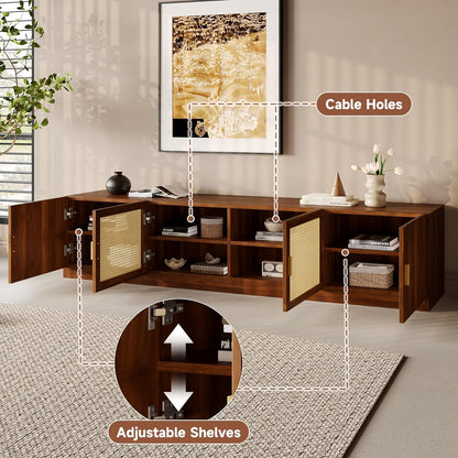 Mid-Century Modern TV Stand with Fluted & Rattan Doors, 78" Media Console for Tvs up to 85", Rattan Entertainment Center with Storage & Adjustable Shelf, Cable Holes, Walnut