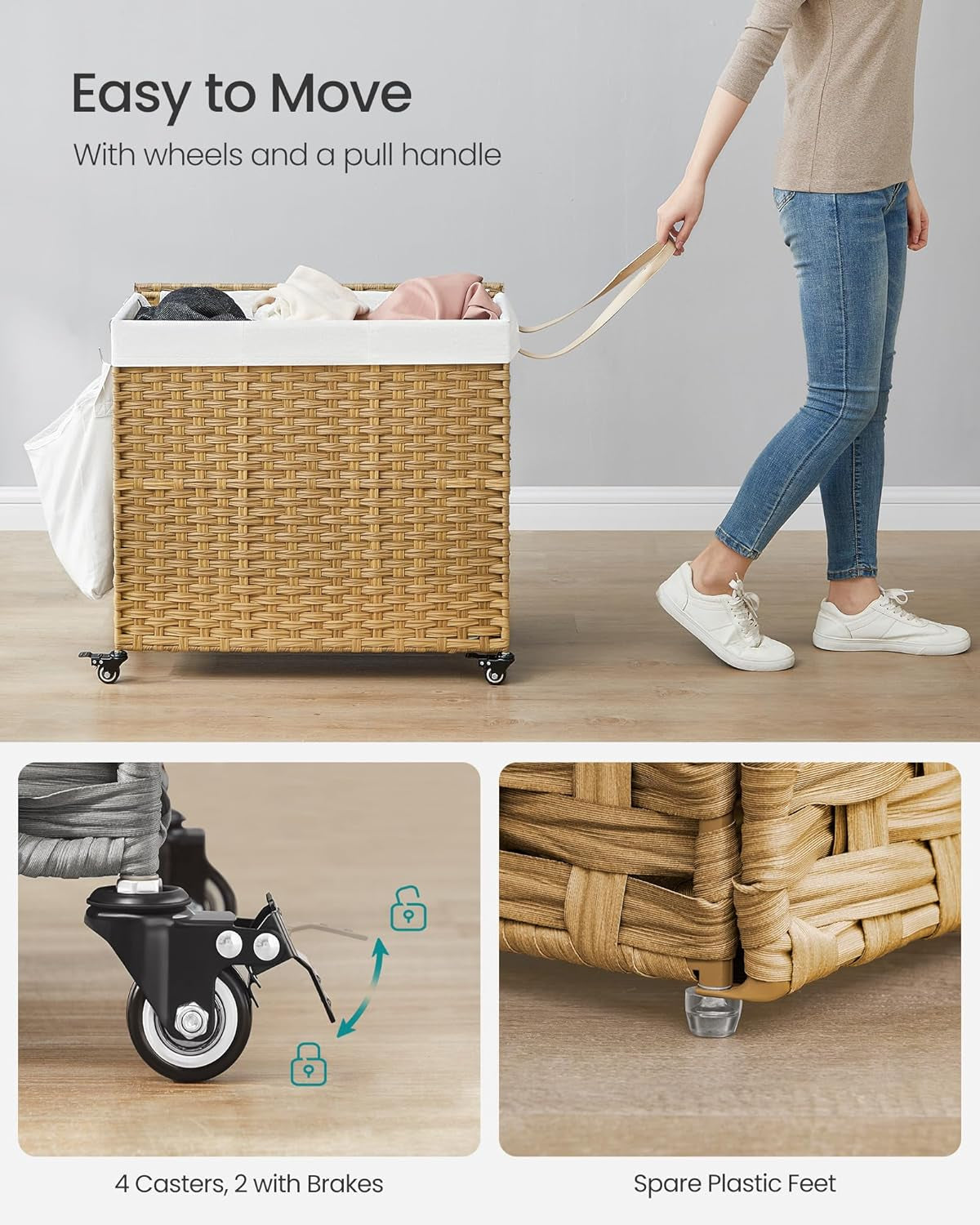 Laundry Hamper with Lid, 42.3 Gallons (160 L), Rolling Laundry Basket with Wheels, 3-Section Synthetic Rattan, Removable Liner, Bedroom, 27.6 X 14.2 X 26 Inches, Natural ULCB365N01