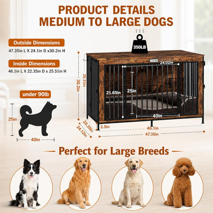 XL Dog Crate Furniture 48'' | Extra Large Heavy Duty Anti-Chew Dog Kennel | Rustic Wooden Entertainment Center & TV Stand with 350LB Top Capacity | Escape Proof Double Door Pet House
