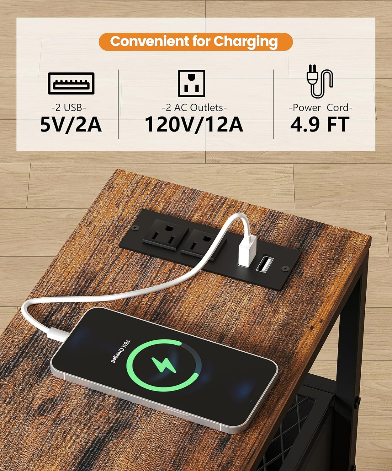 Narrow End Table with Charging Station, 7.9" Wide Couch Side Table with LED Light, Skinny Nightstand with 3 Fabric Storage Drawers, Slim Bedside Table for Bedroom, Small Spaces, Rustic Brown